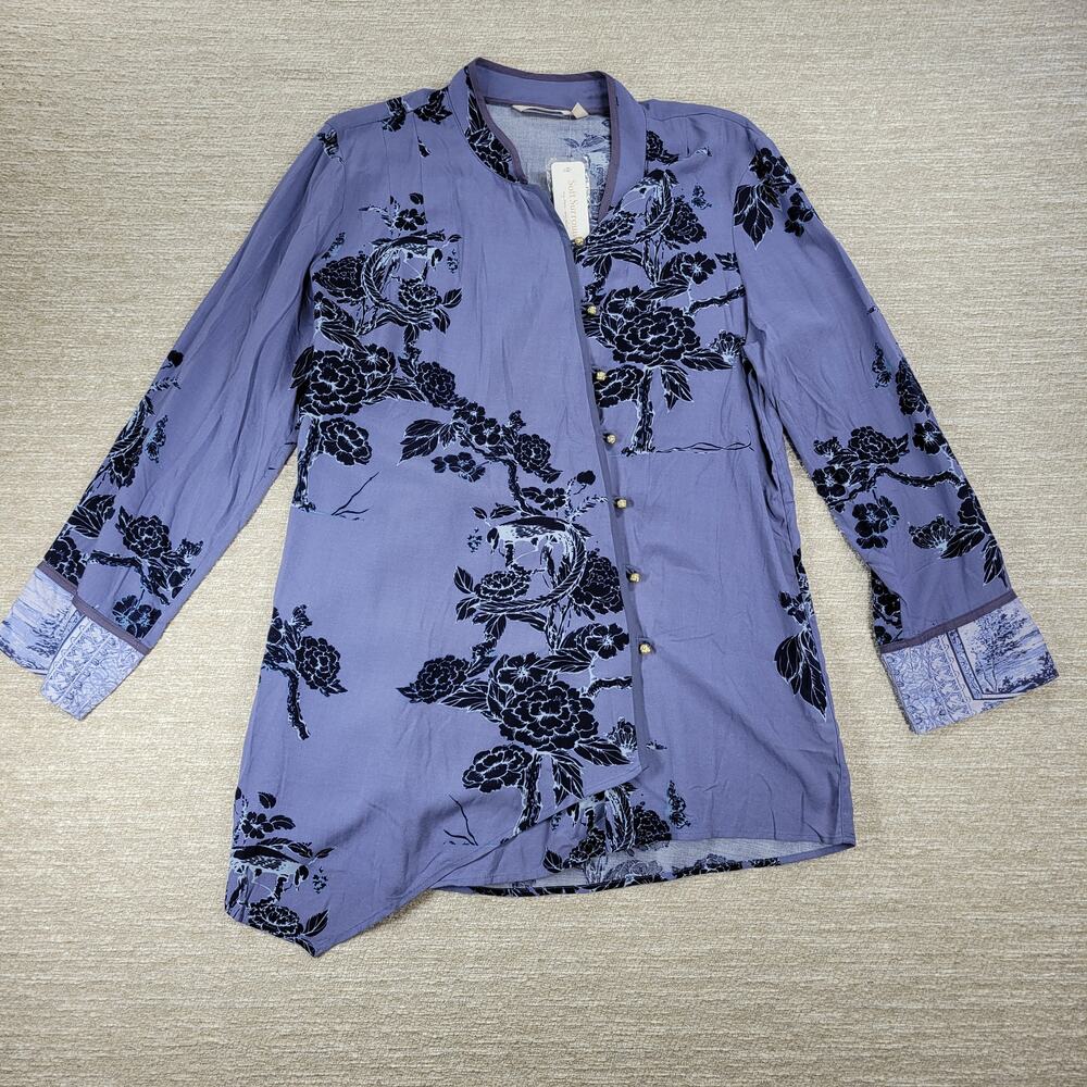 Soft Surroundings Tranquil Blooms Kimono Shirt XL Blue Floral Velvet Burnout New